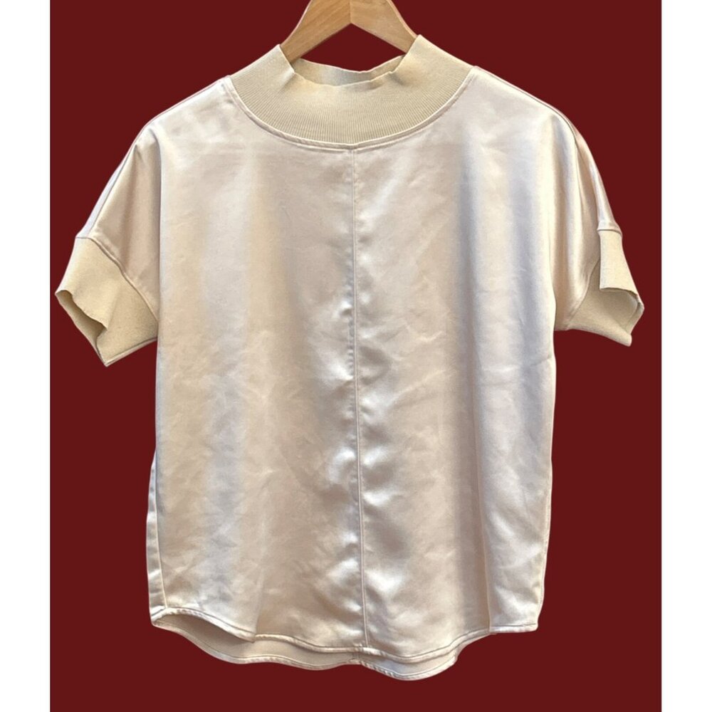 Melissa Nepton Women's Cream Tania Short Sleeve Blouse XS Minimalist Mock Neck